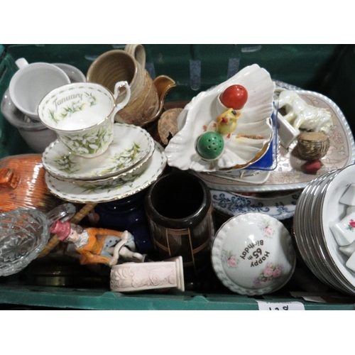 128 - Three trays of assorted tea ware, ceramics etc to include Royal Albert, Wedgwood and Denby