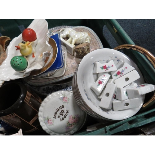 128 - Three trays of assorted tea ware, ceramics etc to include Royal Albert, Wedgwood and Denby