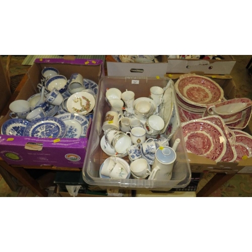 132 - Three trays of assorted tea/dinner ware etc to include Masons Vista, Alfred Meakin Melody etc