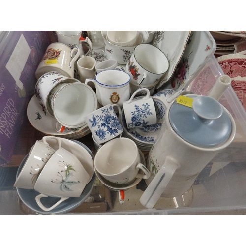 132 - Three trays of assorted tea/dinner ware etc to include Masons Vista, Alfred Meakin Melody etc