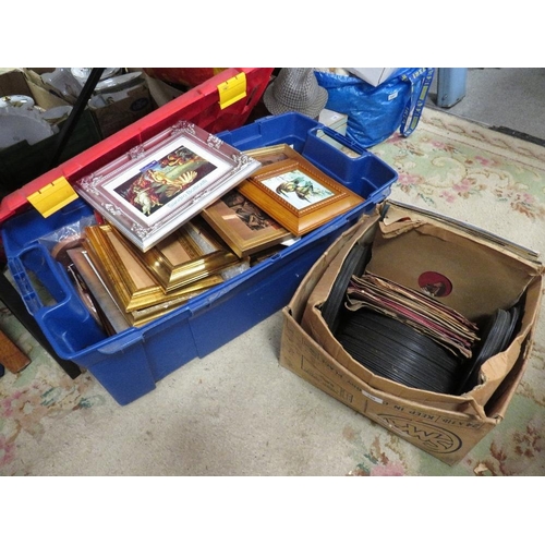 138 - A large crate of assorted picture frames, prints, hand painted tiles etc. and a box of 78's  records