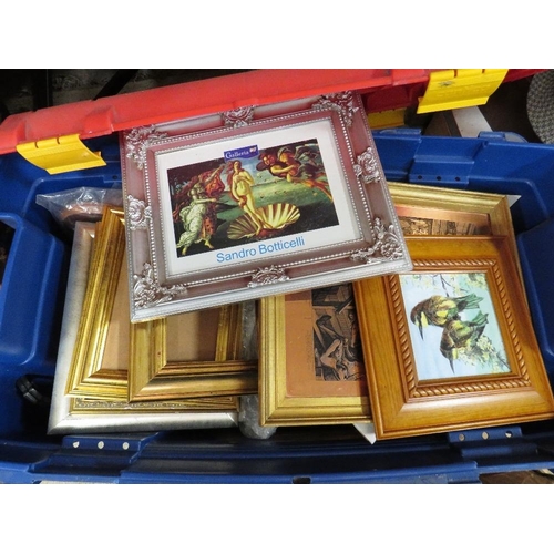 138 - A large crate of assorted picture frames, prints, hand painted tiles etc. and a box of 78's  records