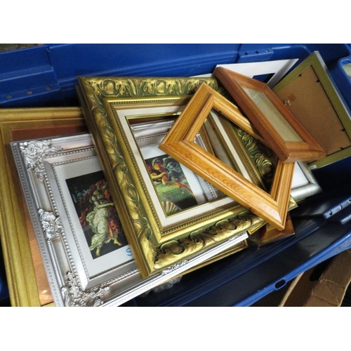 138 - A large crate of assorted picture frames, prints, hand painted tiles etc. and a box of 78's  records