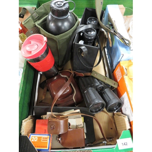 142 - A tray of binoculars and cameras etc., to include a military water bottle