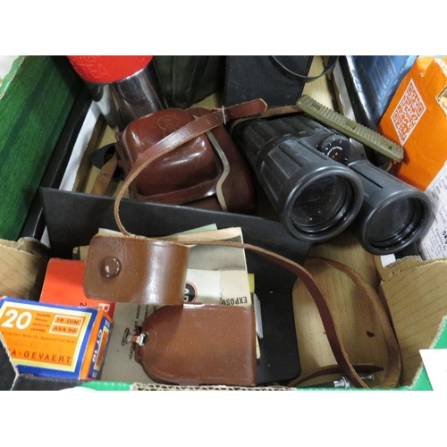 142 - A tray of binoculars and cameras etc., to include a military water bottle