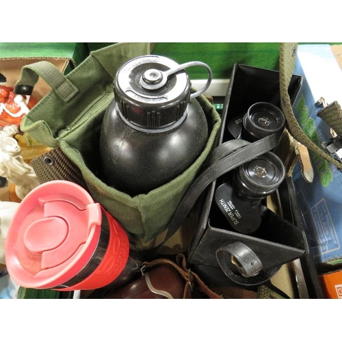 142 - A tray of binoculars and cameras etc., to include a military water bottle