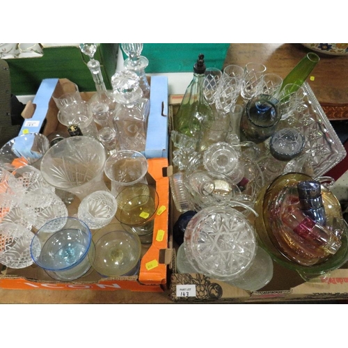 143 - One large and two small trays of glassware to include decanters and Stuart crystal drinking glasses ... 