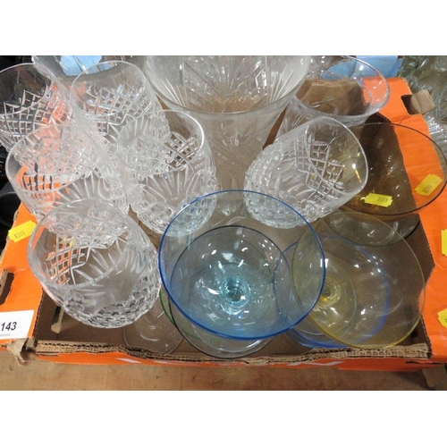 143 - One large and two small trays of glassware to include decanters and Stuart crystal drinking glasses ... 