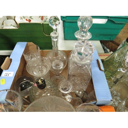 143 - One large and two small trays of glassware to include decanters and Stuart crystal drinking glasses ... 