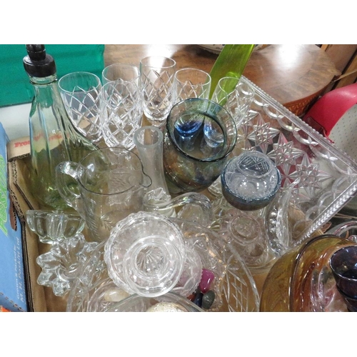 143 - One large and two small trays of glassware to include decanters and Stuart crystal drinking glasses ... 