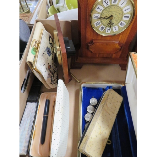 152 - A tray of assorted collectables to include three vintage Parker pens, oriental style beaded bags etc