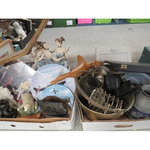 156 - Two trays of assorted items to include a brass jam pan, Heredities dog figure etc