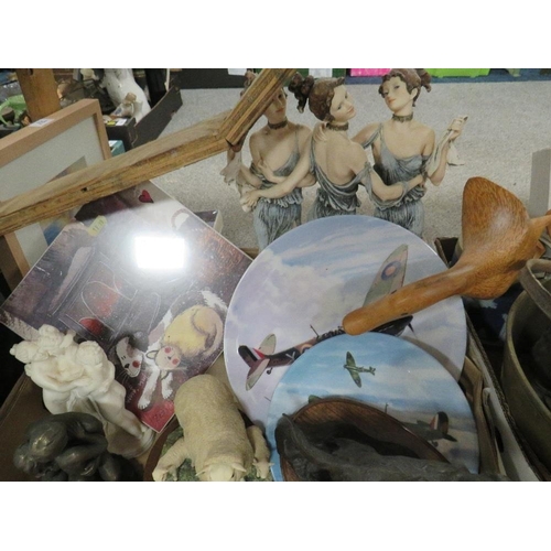 156 - Two trays of assorted items to include a brass jam pan, Heredities dog figure etc