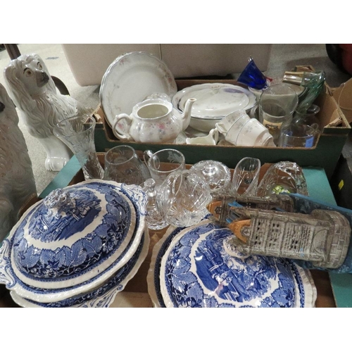 157 - Two trays of ceramics and glass to include a metal model of Tower Bridge London, a pair of Staffords... 