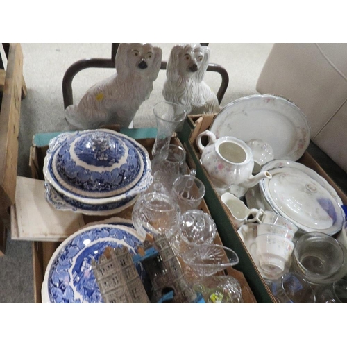 157 - Two trays of ceramics and glass to include a metal model of Tower Bridge London, a pair of Staffords... 