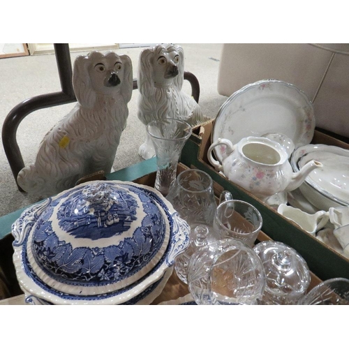 157 - Two trays of ceramics and glass to include a metal model of Tower Bridge London, a pair of Staffords... 