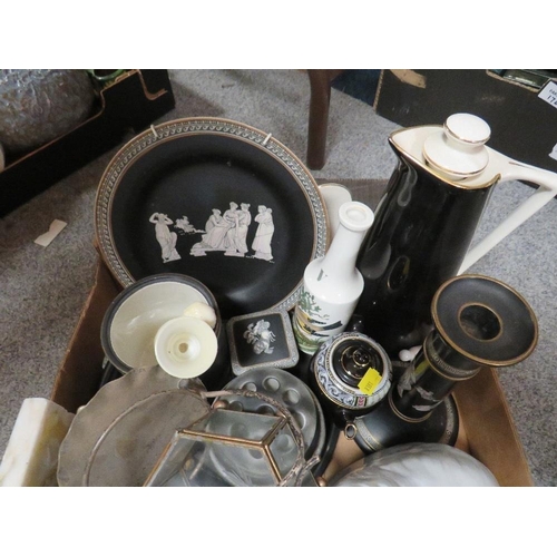 158 - Two trays of assorted ceramics pottery etc to include a selection of Old Greek pattern ceramics