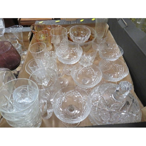 160 - Three trays of assorted glassware to include antique and modern examples, vintage bottles and cut gl... 