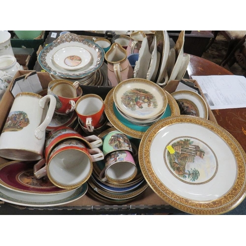 162 - Two trays of assorted vintage continental style dessert ware, dinner ware, jugs, twin handle mug etc