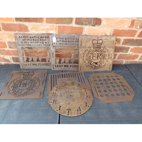 52 - A selection of laser cut sheet metal plaques relating to Armistice 'Lest We Forget' etc