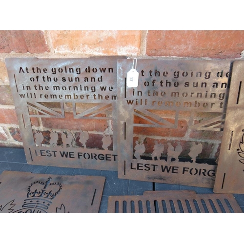 52 - A selection of laser cut sheet metal plaques relating to Armistice 'Lest We Forget' etc