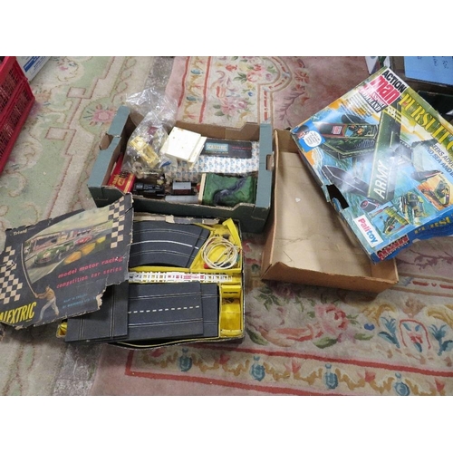 59 - Various model railway items together with Scalextric track and accessories and an empty vintage acti... 