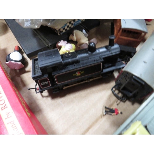 59 - Various model railway items together with Scalextric track and accessories and an empty vintage acti... 