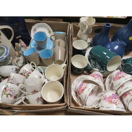 72 - Two trays of assorted ceramics and tea ware to include Dartington glass etc