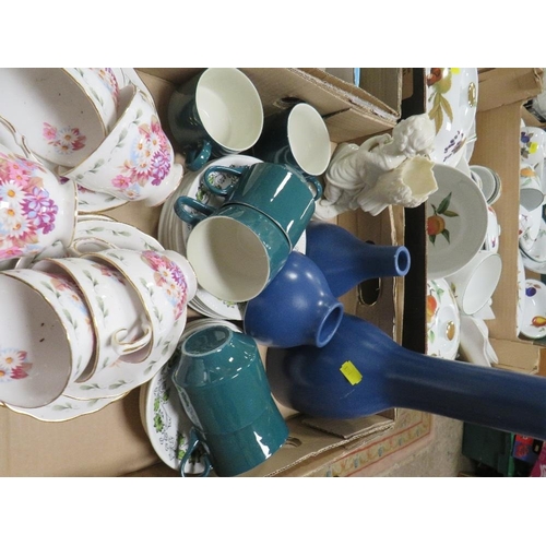 72 - Two trays of assorted ceramics and tea ware to include Dartington glass etc