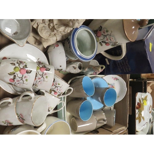 72 - Two trays of assorted ceramics and tea ware to include Dartington glass etc