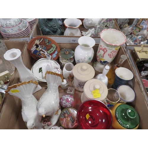 79 - Four trays of assorted ceramics, figures, tea and dinner ware etc together with two trays of glasswa... 