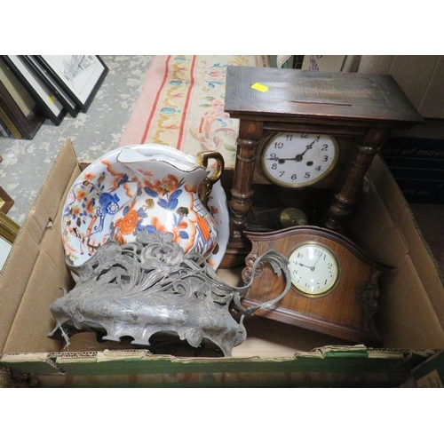 85 - A box of clocks, vintage Art Nouveau vase etc