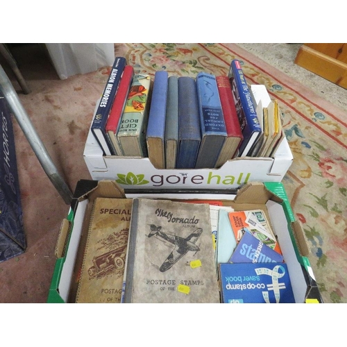 89 - A tray of assorted vintage books etc together with a tray of vintage stamps and ephemera