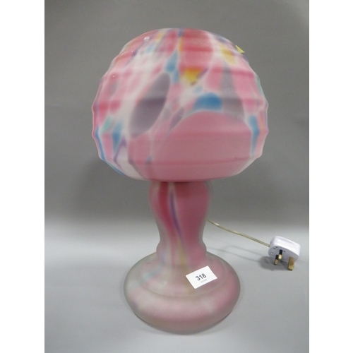 An unusual vintage one piece multicoloured mottled glass table lamp in the form of a mushroom