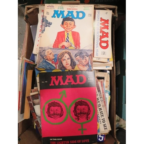 81 - Four trays of mixed magazines and paperback books to include MAD, SHE and VOGUE etc