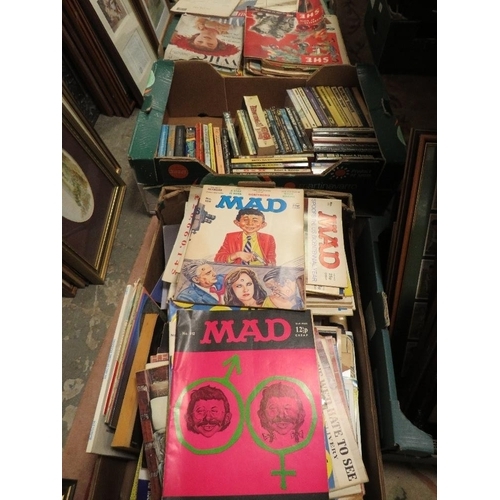 81 - Four trays of mixed magazines and paperback books to include MAD, SHE and VOGUE etc