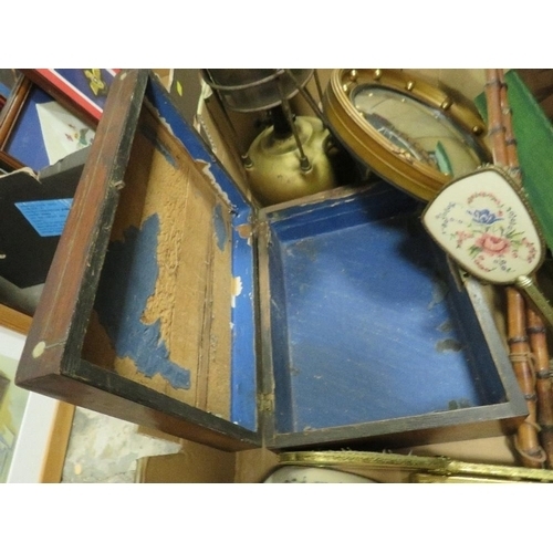 82 - A box of vintage items to include writing slope, porthole mirror and tilly lamp etc