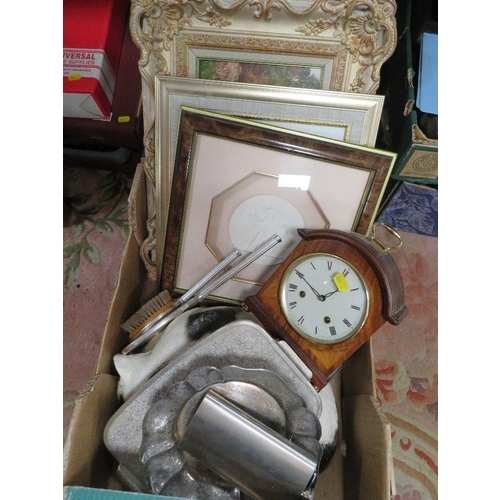 91 - A tray of assorted pictures etc to include a Comitti eight day mantle clock