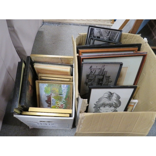 139A - Two trays of assorted pictures, prints and paintings