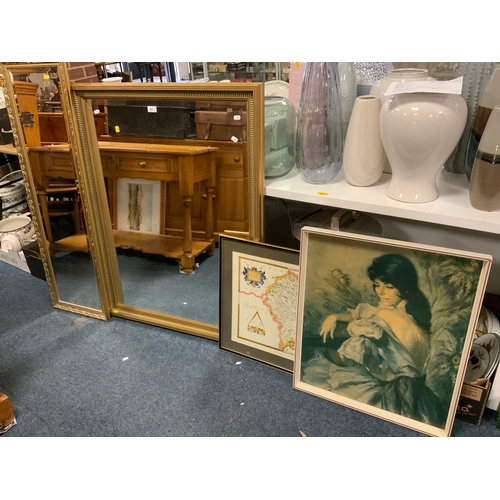 847 - Two modern gilt frame mirrors together with a reproduction Staffordshire map and a retro female prin... 