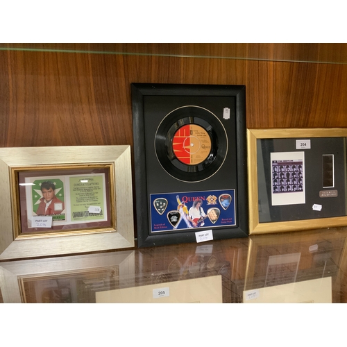 204 - Six assorted framed memorabilia pictures to include John Lennon, Beatles, Elvis, Jimi Hendrix, Queen... 