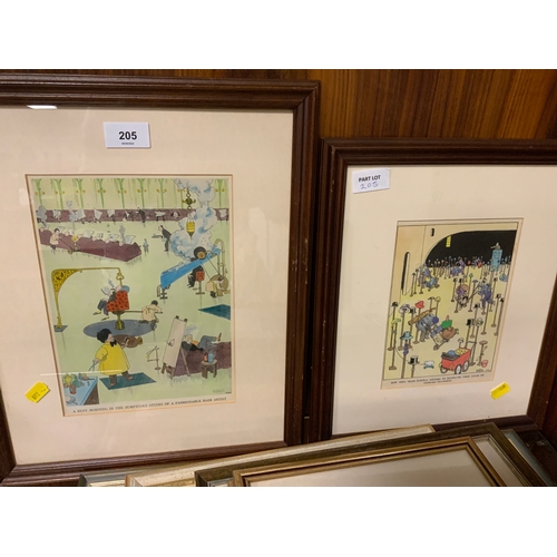 205 - A selection of assorted pictures and prints to include two examples by W Heath Robinson