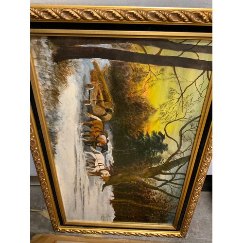 210 - And naïve oil on board depicting a landscape together with two prints and a floral framed print (4)