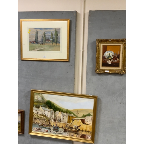 213 - A framed landscape watercolor by E Foster together with a naïve oil on canvas of a harbour scene and... 