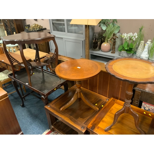 881 - A reproduction mahogany leather top wine table together with a similar pedestal table  and an Edward... 