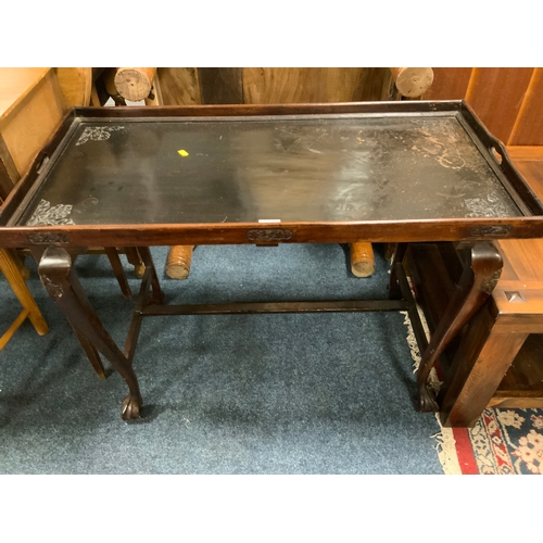 883 - An Eastern style Butlers tray table together with an oak stool