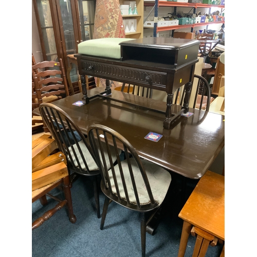 907 - An Ercol style refectory table with four hoop back chairs and a telephone table A/F