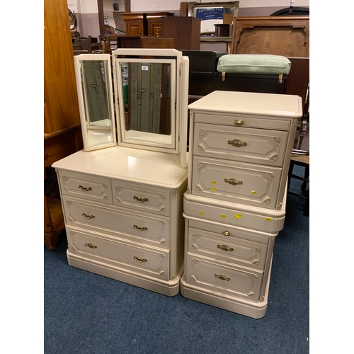 908 - Three modern cream chests with a triple mirror