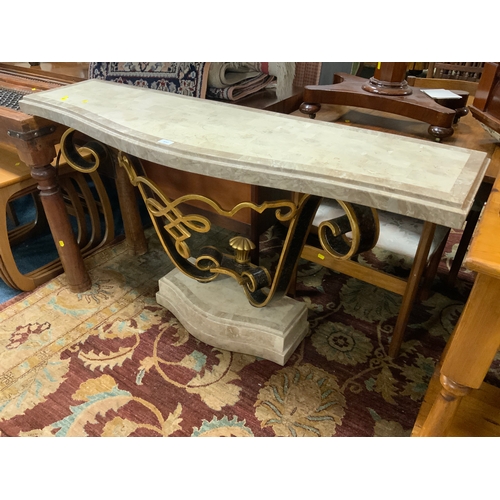 910 - A modern shaped marble console table with gilt metal support W 140 cm