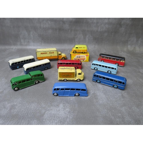 104 - ELEVEN UNBOXED DIE CAST COACHES AND TRUCKS, by Dinky (9) and Corgi (2), to include Dinky Bedford Pal... 